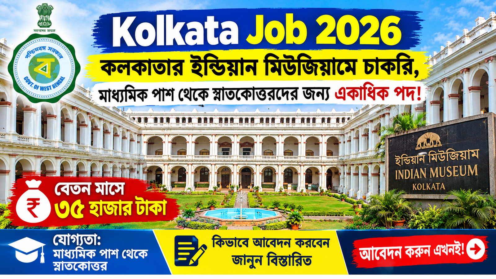 Kolkata Job 2026: কলকাতার ইন্ডিয়ান মিউজিয়ামে চাকরি, মাধ্যমিক পাশ থেকে স্নাতকোত্তরদের জন্য একাধিক পদ! বেতন মাসে ৩৫ হাজার টাকা, কিভাবে আবেদন করবেন জানুন বিস্তারিত