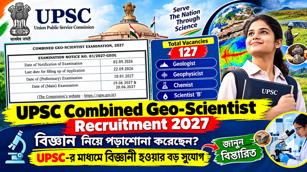 UPSC Combined Geo-Scientist Recruitment 2027: বিজ্ঞান নিয়ে পড়াশোনা করেছেন? UPSC-র মাধ্যমে বিজ্ঞানী হওয়ার বড় সুযোগ