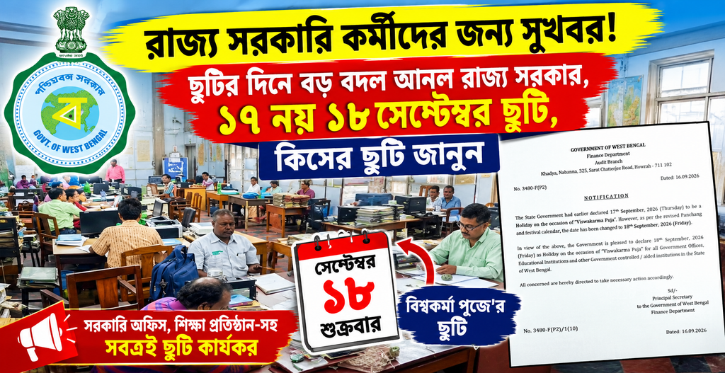 রাজ্য সরকারি কর্মীদের জন্য সুখবর! ছুটির দিনে বড় বদল আনল রাজ্য সরকার, ১৭ নয় ১৮ সেপ্টেম্বর ছুটি, কিসের ছুটি জানুন