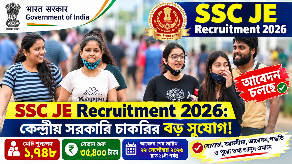 SSC JE Recruitment 2026: কেন্দ্রীয় সরকারি চাকরির বড় সুযোগ! SSC JE-তে ১,৭৪৮ পদ, বেতন শুরু ৩৫,৪০০ টাকা; আবেদন চলছে